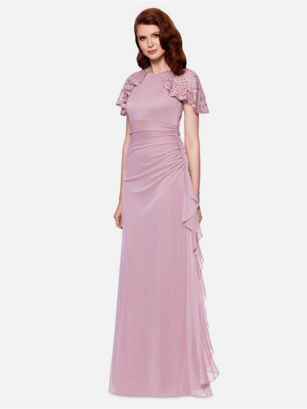 Betsy & Adam Dusty Pink Lace-Cap Sleeve Maxi Gown